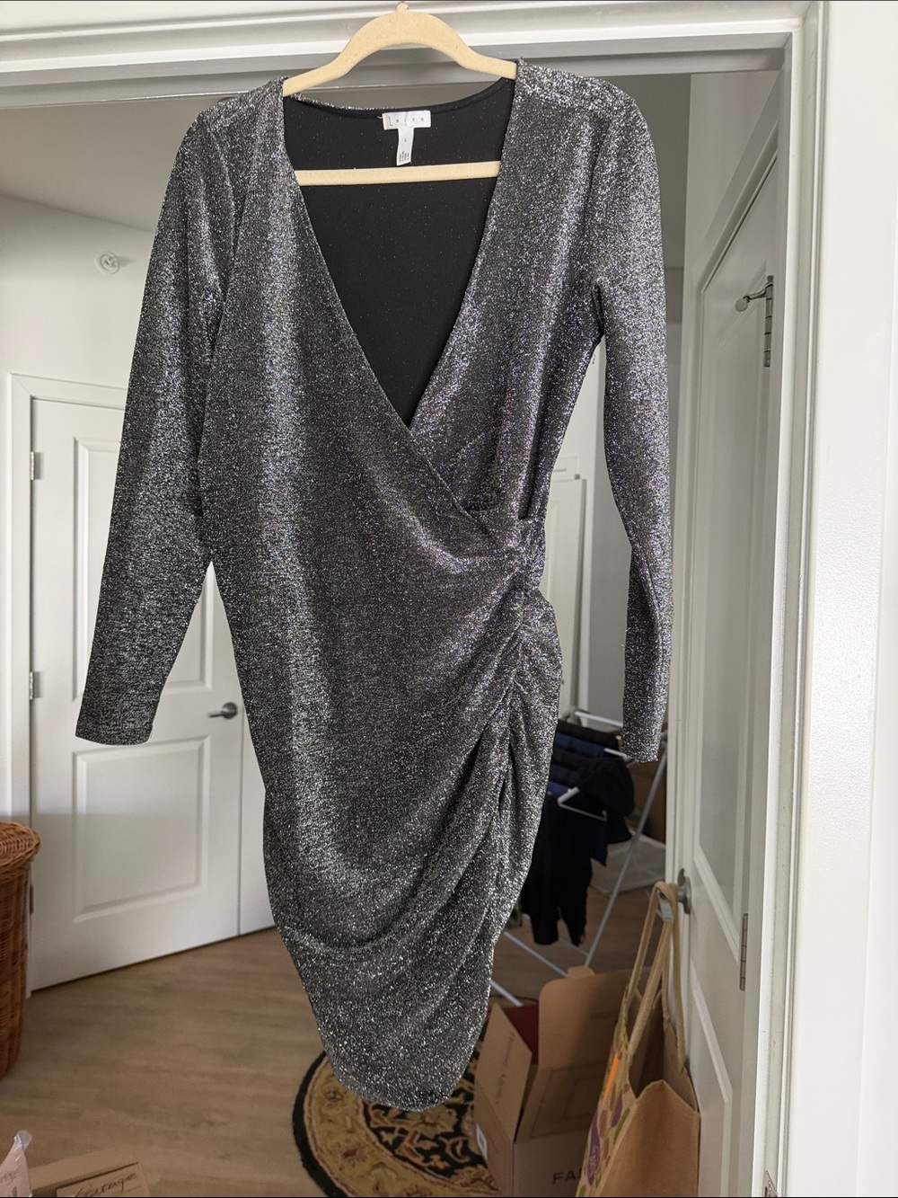 Leith Silver Shimmer Surplice Long-Sleeve Dress